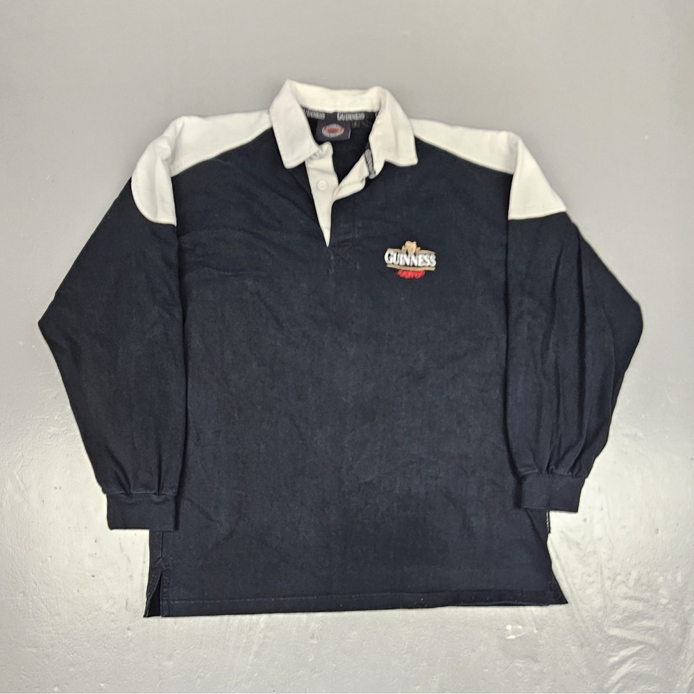 Vintage Guinness Rugby Shirt Mens L Black Embroidered Beer Long Sleeve